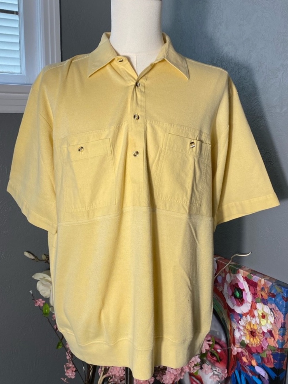 Norm Thompson Escape Textured Knit Shirt XL Yellow Resort Camp Casual Vintage